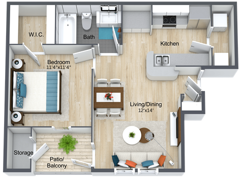 Floor plan for 1 bed, 1 bath, 597 sqft
